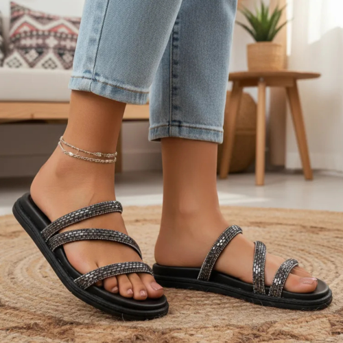 Papete Beira Rio 3 Tiras Stras Ônix - Papete 